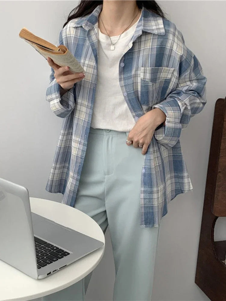 Casual Long Sleeve Plaid Blouse Mid Length Loose Fit Turn Down Collar Shirt for Women Autumn Winter Fashion Top