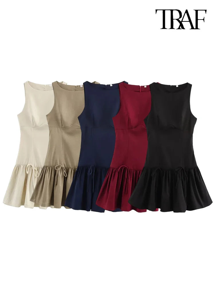 Bow Embellished Sleeveless Pleated Patchwork Dress Women