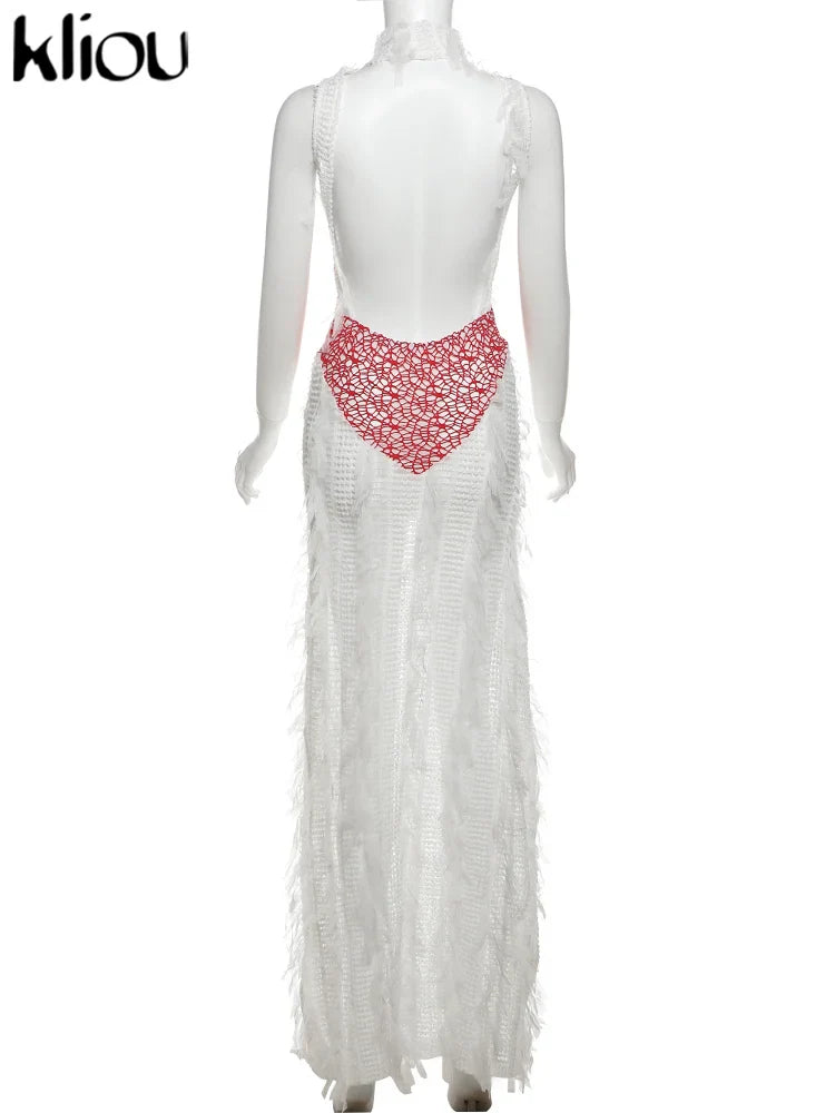 Backless Crochet Maxi Dress With Stand Collar And Pleats