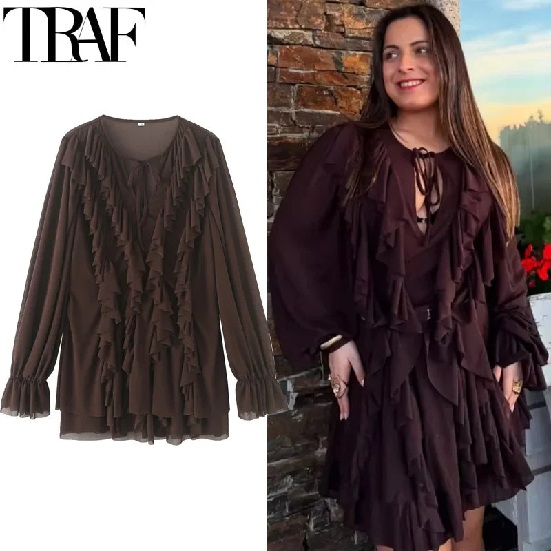 Ruffle Long Sleeve Vintage Party Dress Pleated Mini