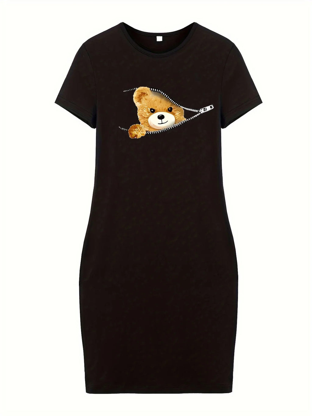 Bear Print Bodycon Dress With Short Sleeves Crew Neck