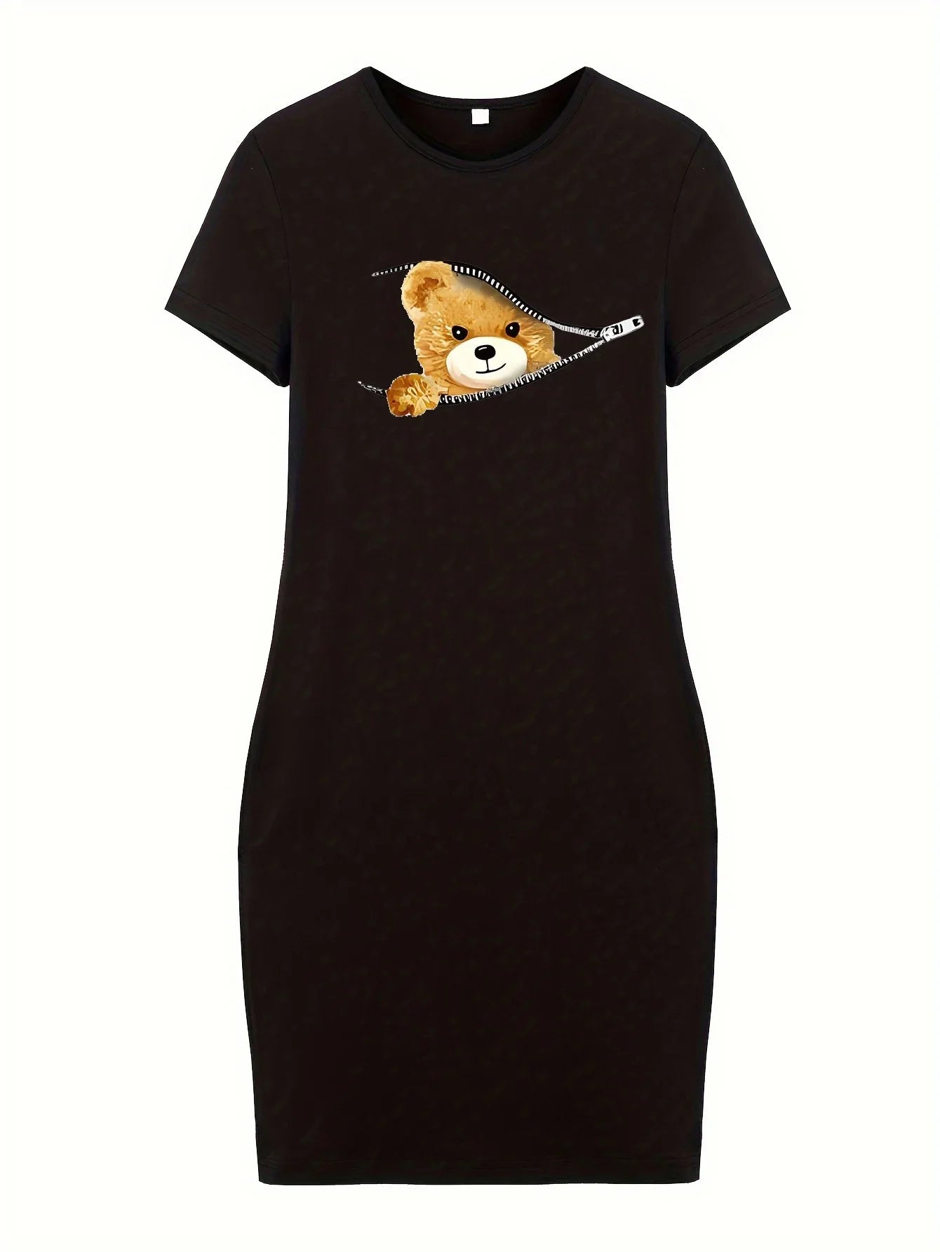 Bear Print Bodycon Dress With Short Sleeves Crew Neck
