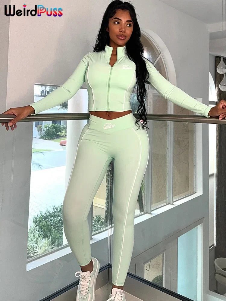 Casual 2 Piece Tracksuit Set with Zip Crop Jacket and Leggings for Sporty Streetwear