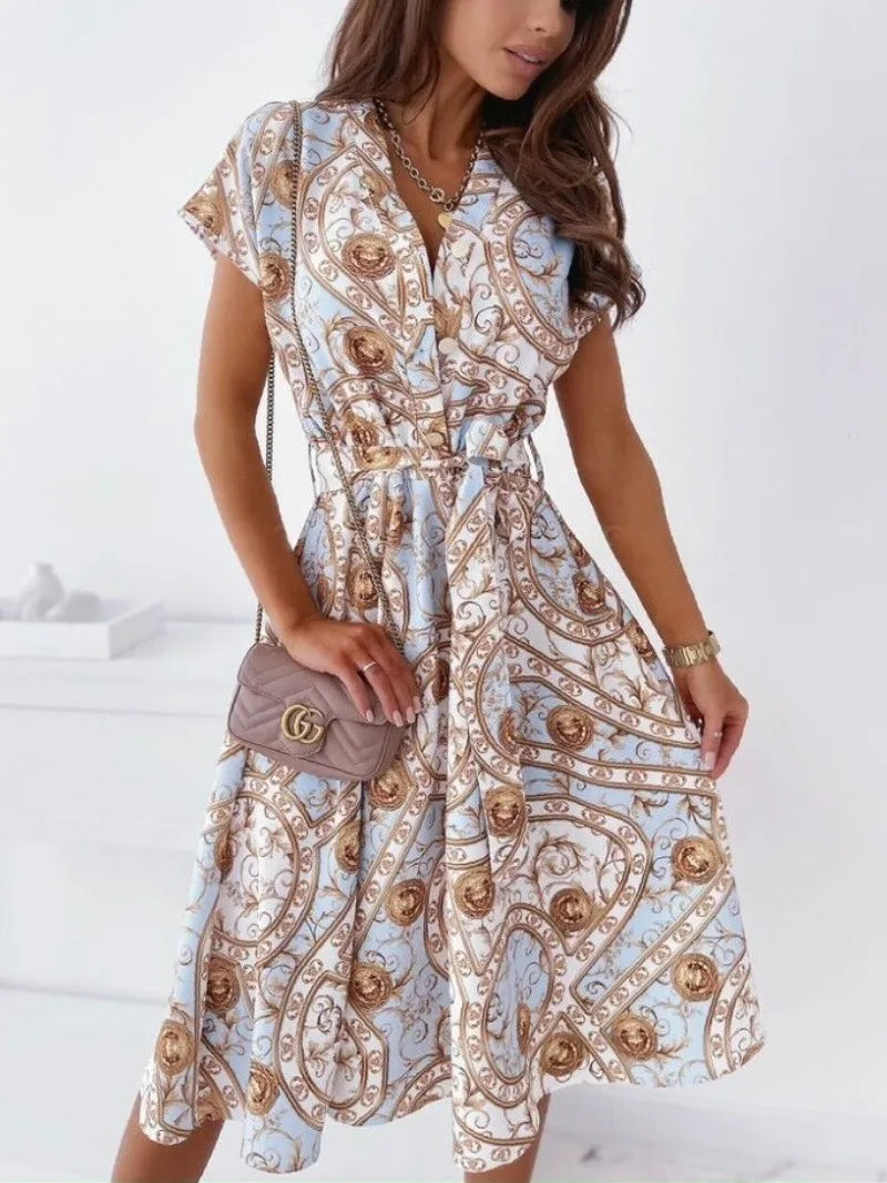 Women Loose Fitting Printed Shirt Dress With Belt Lapel