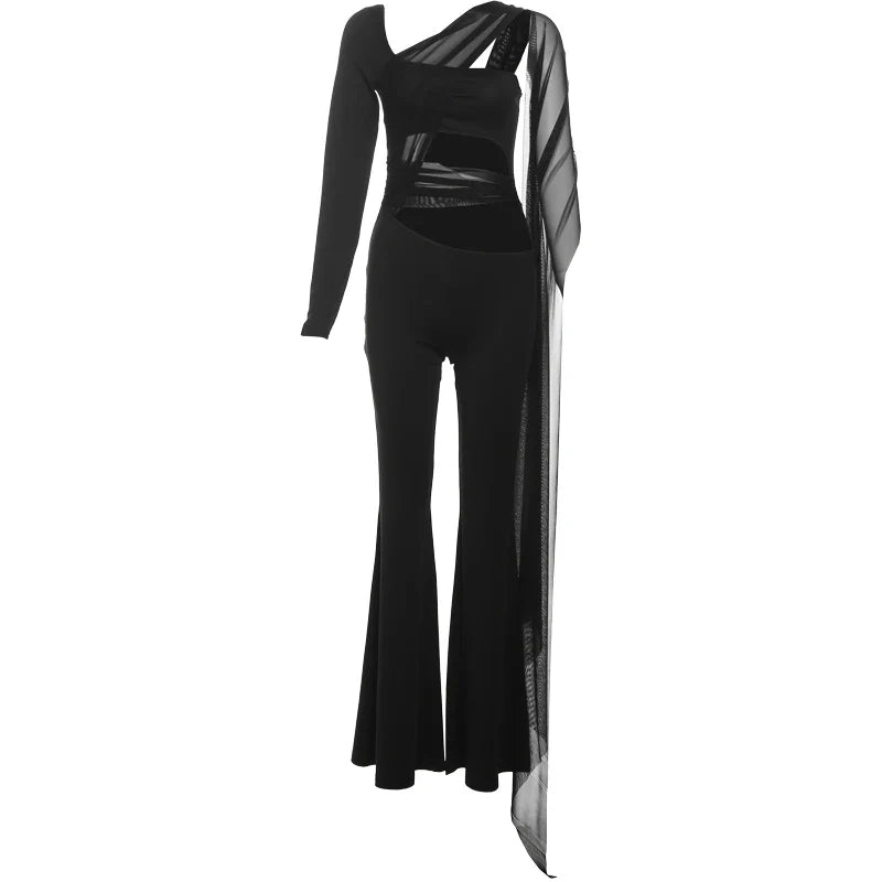 Sexy Hollow Mesh Jumpsuit for Women with Cross Bandage Ribbon, Single Shoulder Design, Full Sleeve Stretch Fit, Midnight Clubwear Overalls