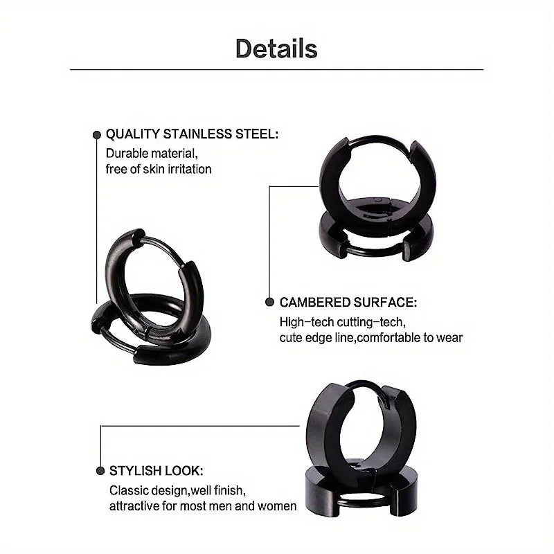 Stylish Men's Earring Set - 4 Pairs of Black Stainless Steel Studs and Hoops, Durable and Allergy-Free
