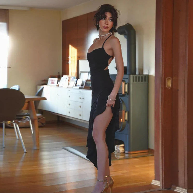 Backless Lace Up Draped Midi Dress With Square Collar