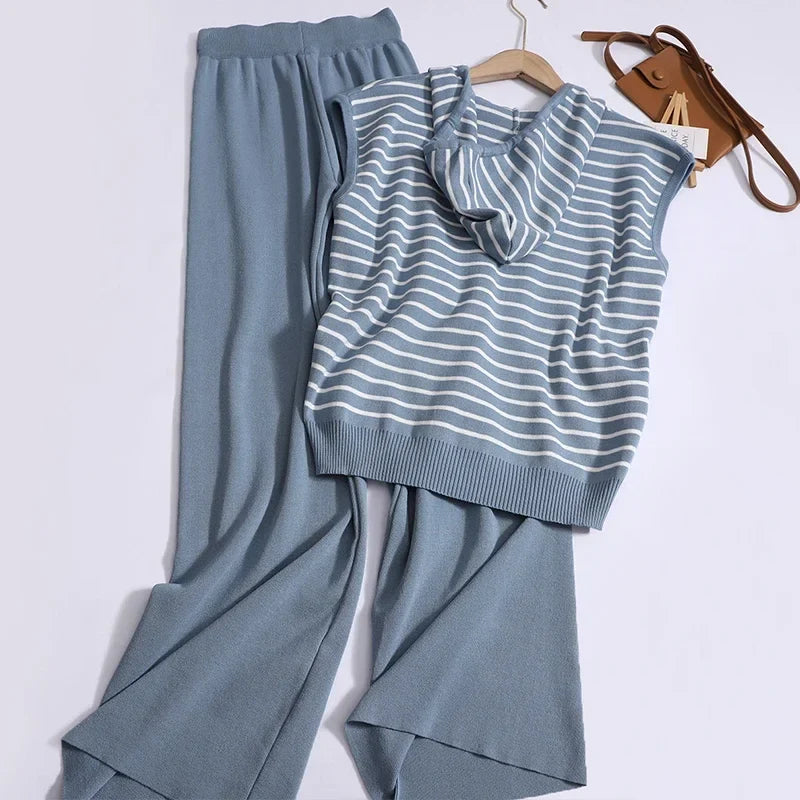Women Casual Summer V-Neck Striped Tank Top and High Waist Wide Leg Pants Set