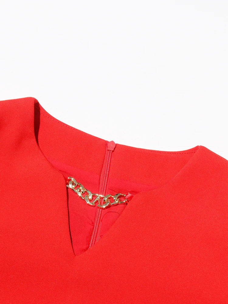 Hollow Out Patchwork Dress For Women V Neck Long Belted