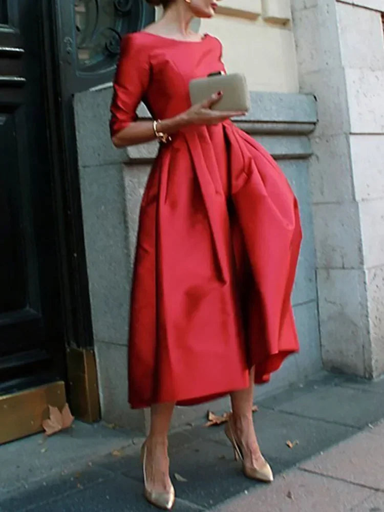 Elegant Banquet Evening Midi Dress Pleated Solid Color