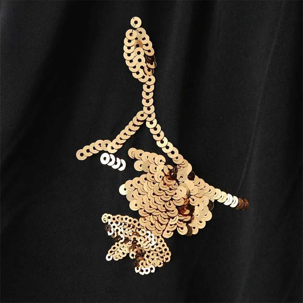 Women's Satin Texture Sequin Embroidered Shirt and High Waist Long Pants Set