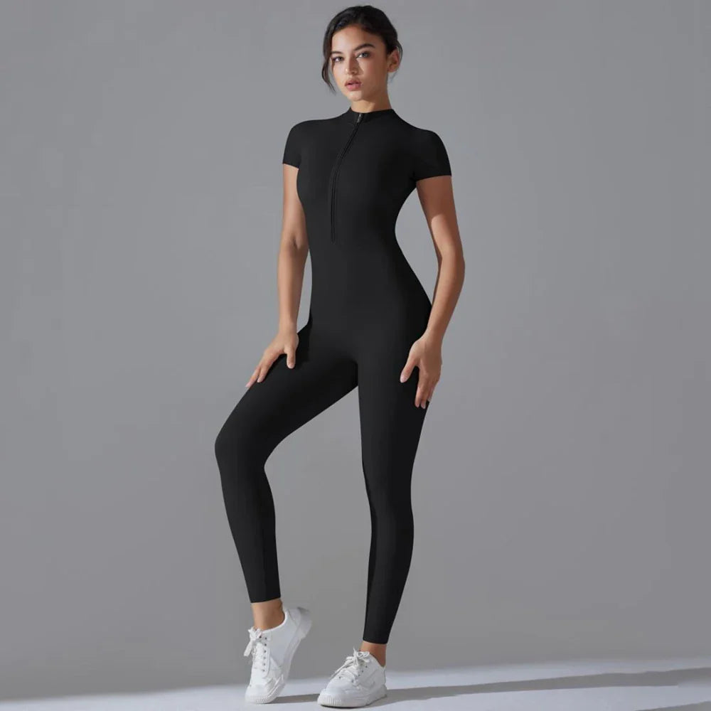Womens Short Sleeve Yoga Jumpsuit Slim Fit Stretch One Piece Romper with Front Zipper Sexy Fitness Activewear Basic Sportwear in Black