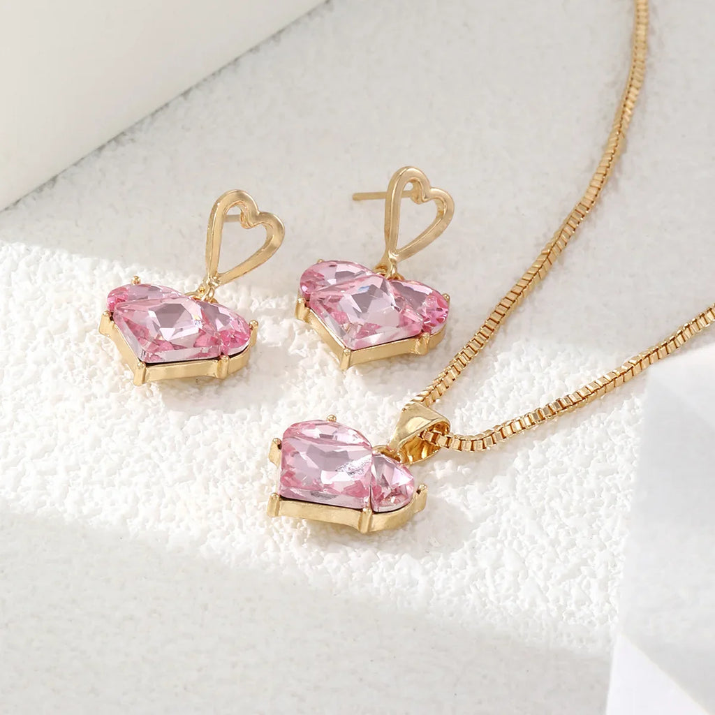 3pcs Y2K Heart Shaped Zircon Pink Crystal Jewelry Set for Women Elegant Earrings and Necklace Gift