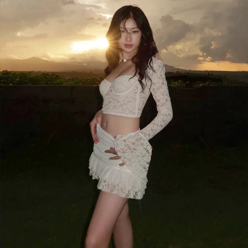 Elegant Y2K Lace See-Through Long Sleeve Crop Top with Ruched Slim Skinny Mini Skirt Two-Piece Set for Women