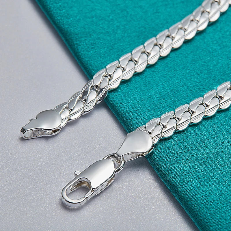 925 Silver Flat Side Chain Bracelet with Lobster Clasp for Women and Men, Adjustable 6mm Jewelry Gift for Weddings and Engagements