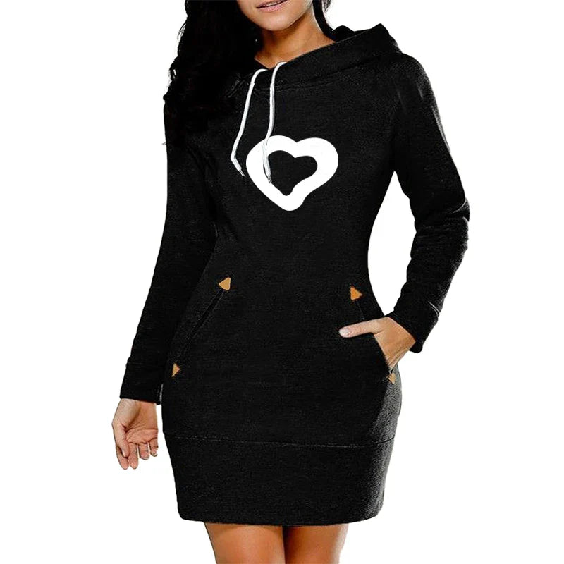 Womens Hooded Midi Dress With Pockets Zip Neckline Casual