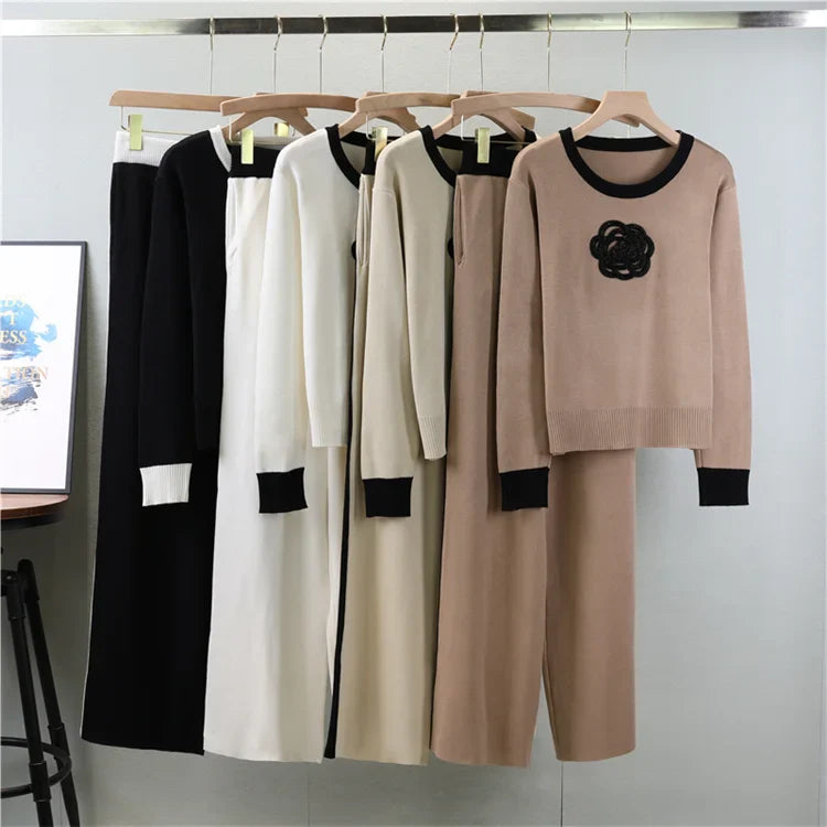 Knitted Loose Women Pant Suit Set with O Neck Pullover and Wide Leg High Waist Pants