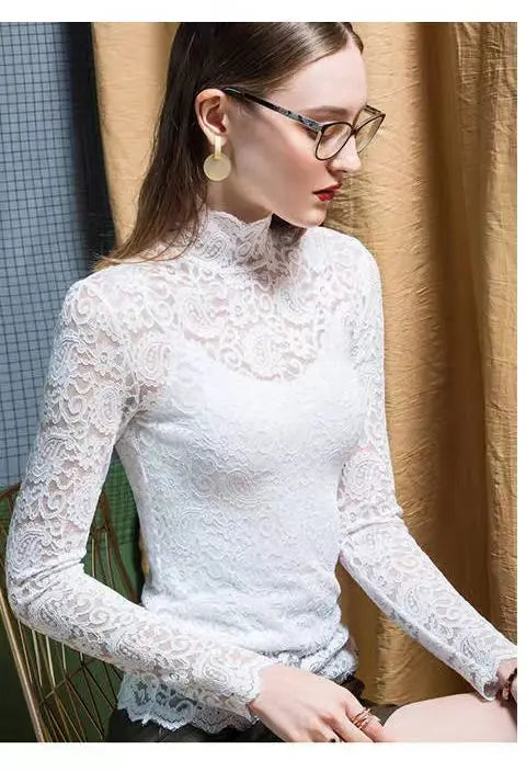 Thick and Thin Fleece Women's Long Sleeve High Neck Lace T-Shirt for Office and Casual Wear