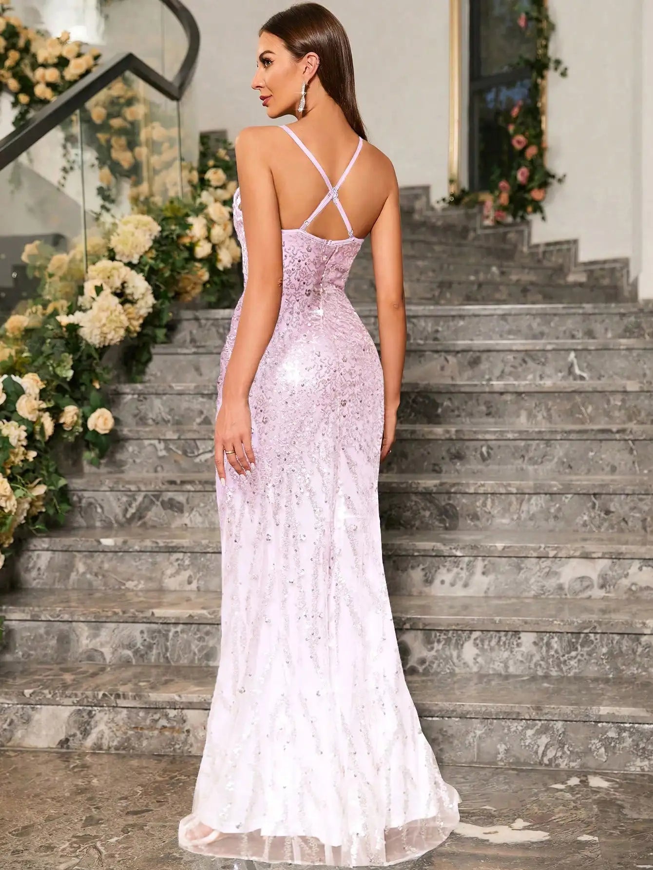 Keyhole Neck Sequin Split Thigh Formal Evening Dress