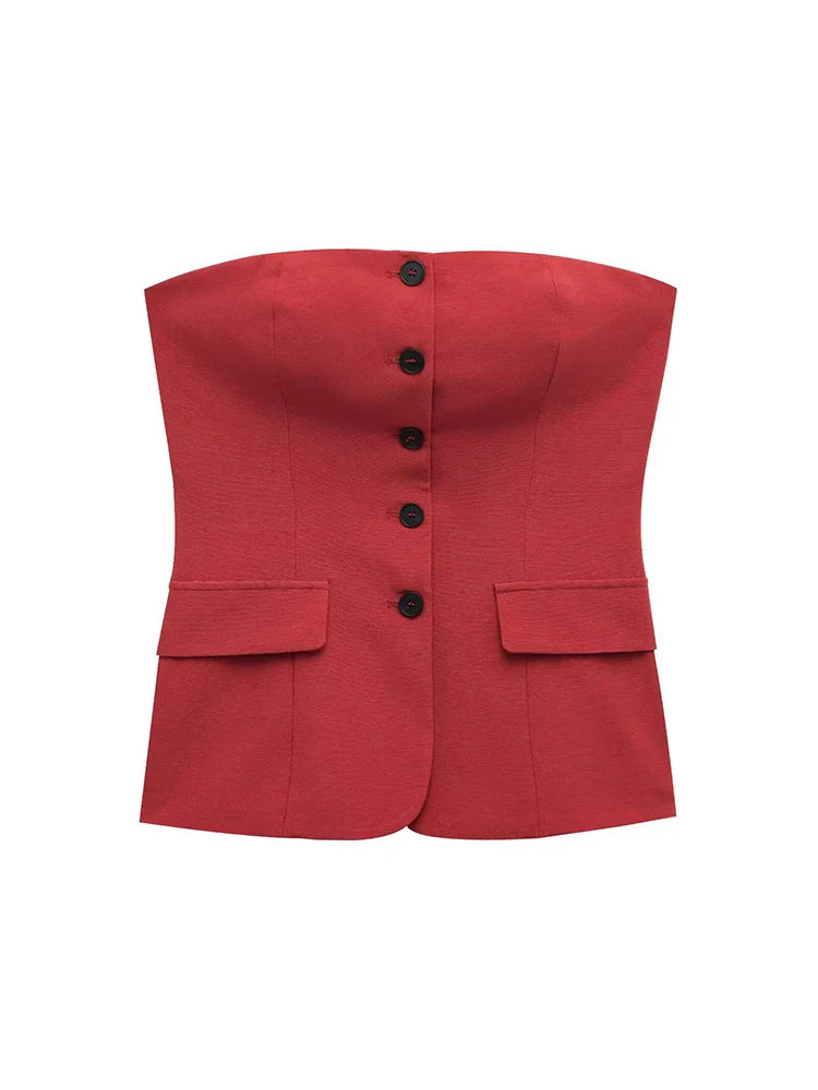 Elegant Red Women Pant Suit with Front Button Strapless Tank Top and Wide Leg Trousers Chic Fashion Streetwear Set