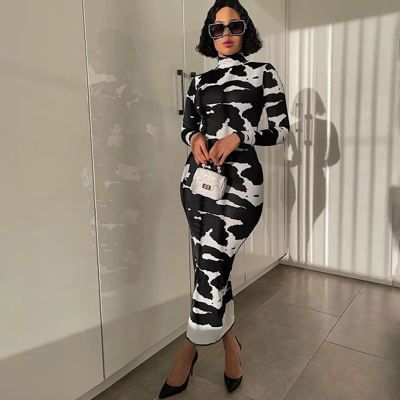 Cow Print Maxi Dress Long Sleeve Turtleneck Bodycon Party