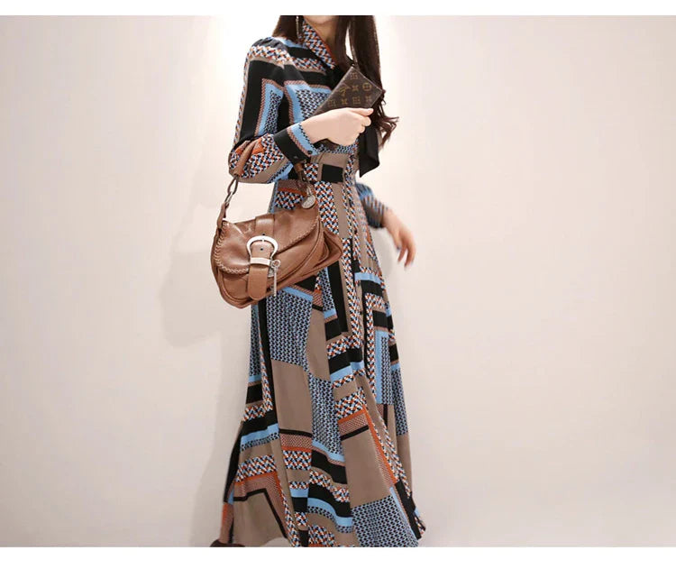 Vintage Print Long Shirt Dress For Women Ankle Length