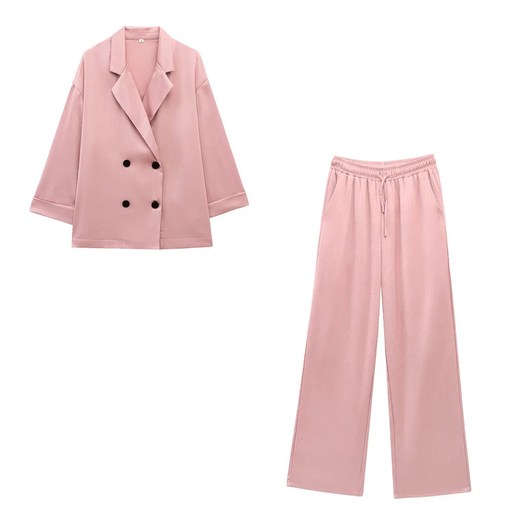 Chic Vintage Pink Loose Blazer and High Waist Wide Leg Pants Set for Women