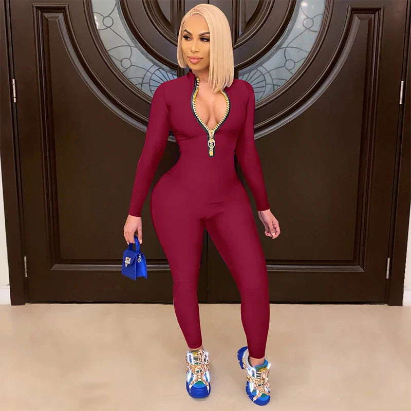 Women's Bodycon One-Piece Jumpsuit with Long Sleeves and Large Front Zipper Casual Sporty Skinny Workout Overalls Top