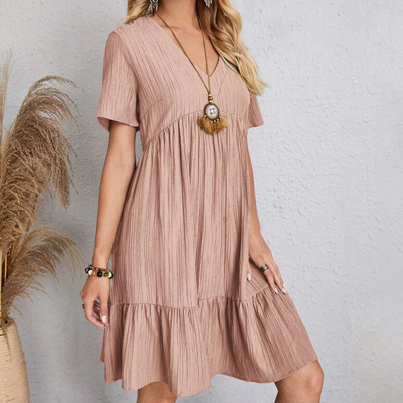 Boho Mini Dress Women V Neck Ruffles A Line Beach Dress