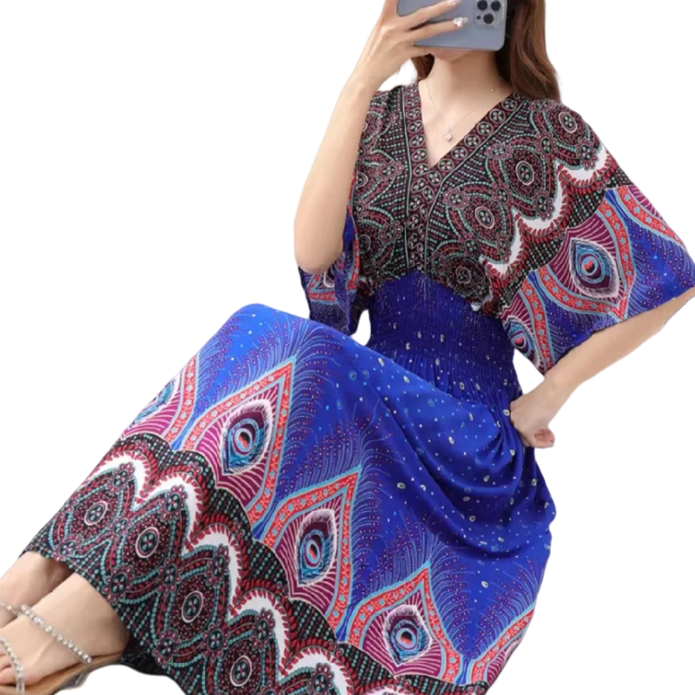 Sweet Countryside Printed Midi Dress V Neck Batwing
