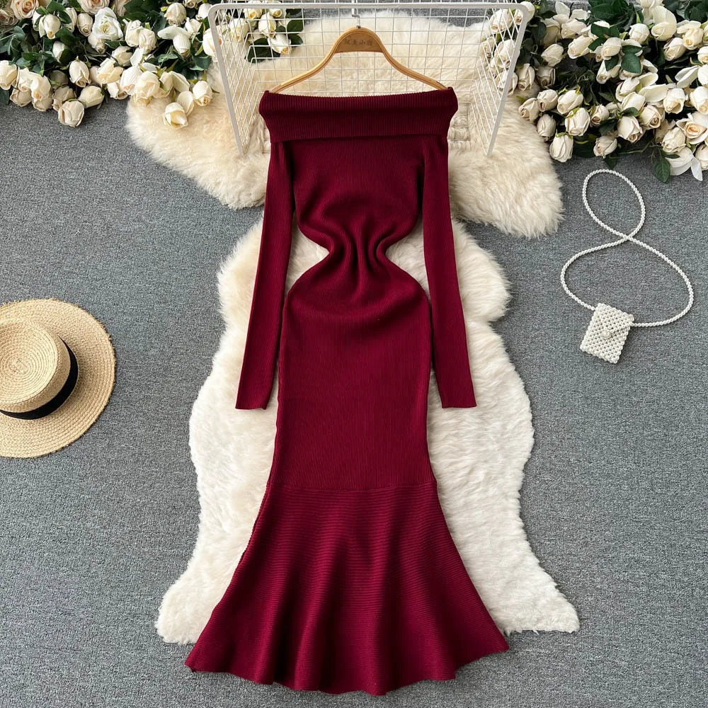 Elegant Knit Mermaid Dress Wrap Off Shoulder Long Sleeve