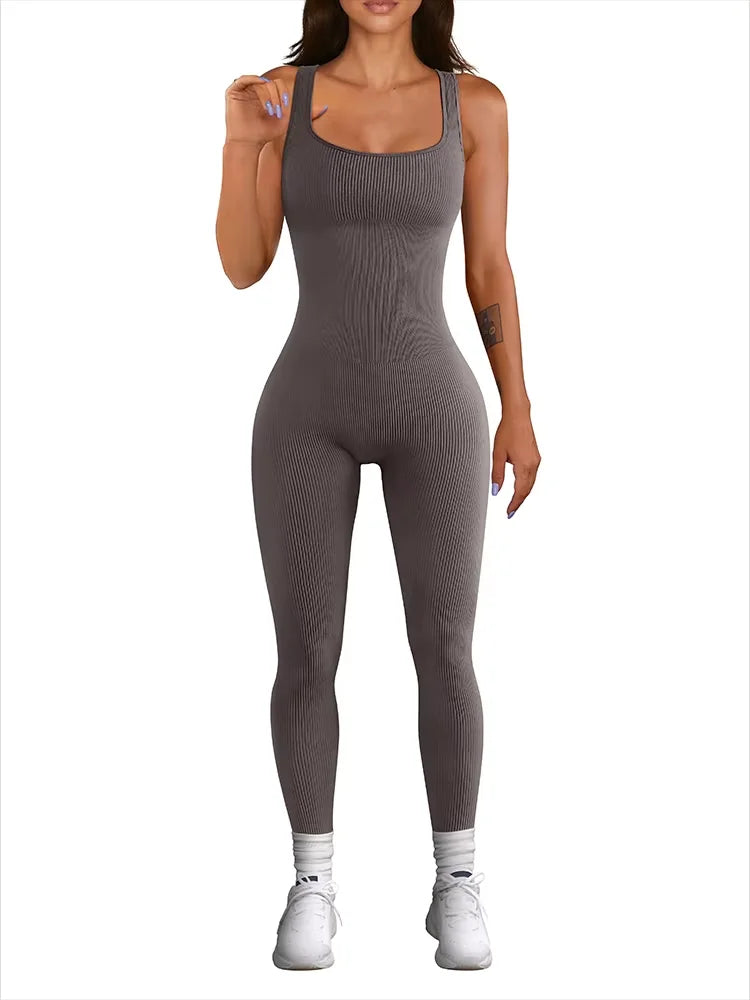Women's Sleeveless Ribbed Yoga Jumpsuit with Square Neck and High Waist One-Piece Fitness Sports Vest