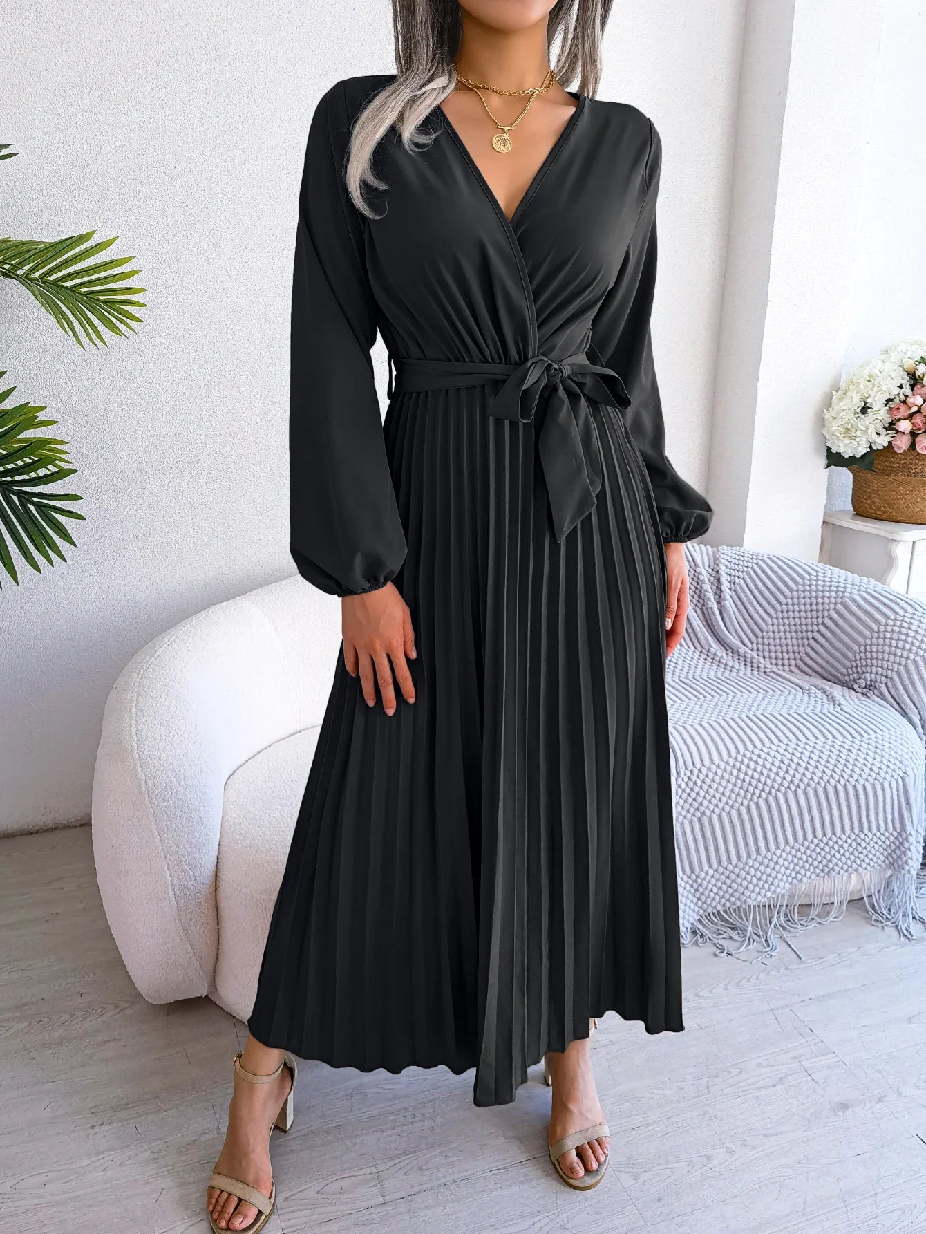 Elegant Surplice Neck Pleated Maxi Dress With Belt Flair