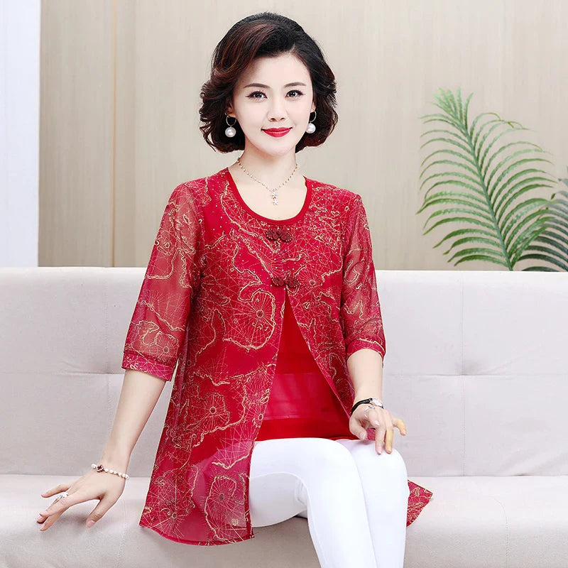 Women's Summer Shirt Casual Loose Fit Fake Two-Piece Printed Top for Middle-Aged and Elderly