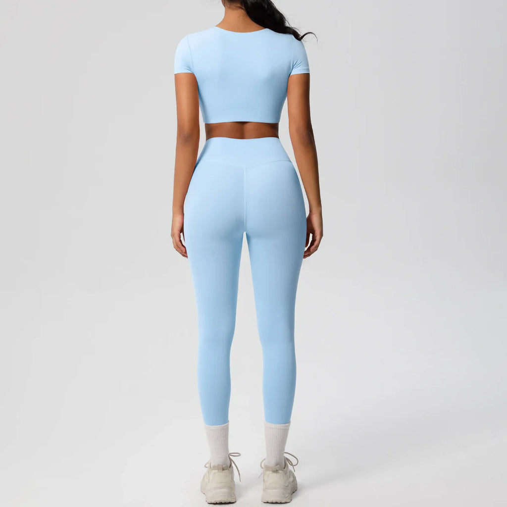 Yoga Set for Women Fitness Sportswear with Short Sleeve Top and High Waist Leggings