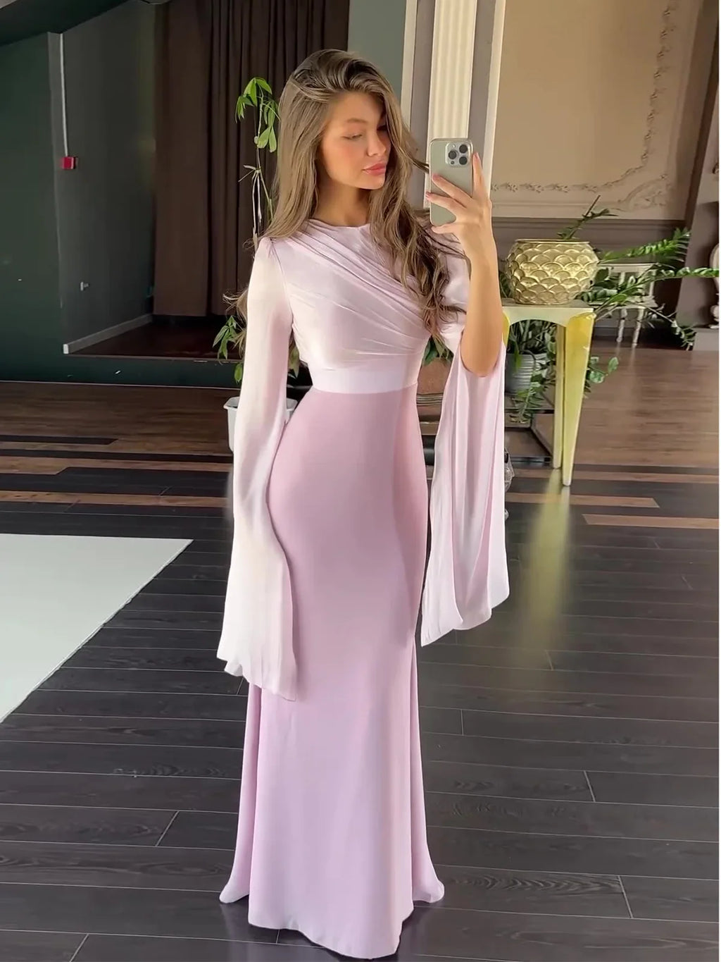 Summer Satin Long Sleeve Evening Gown Dress Slim Fit