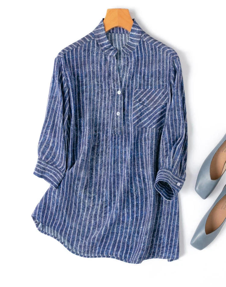 Women 100 Percent Mulberry Crepe Silk Shirt Blue Jeans Stripe Printed Three Quarter Sleeve Pullover Blouse Elegant Office Top in M L XL