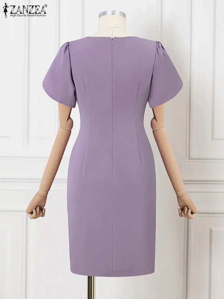 Solid Color Midi Dress With V Neck For Office Women