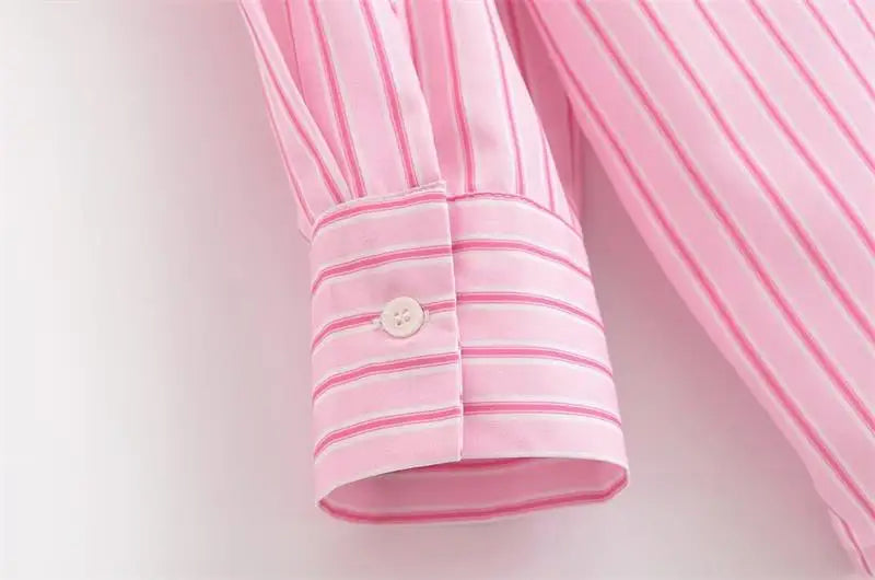 Chic Pink Striped Loose Fit Long Sleeve Blouse for Women Elegant Casual Street Style Shirt