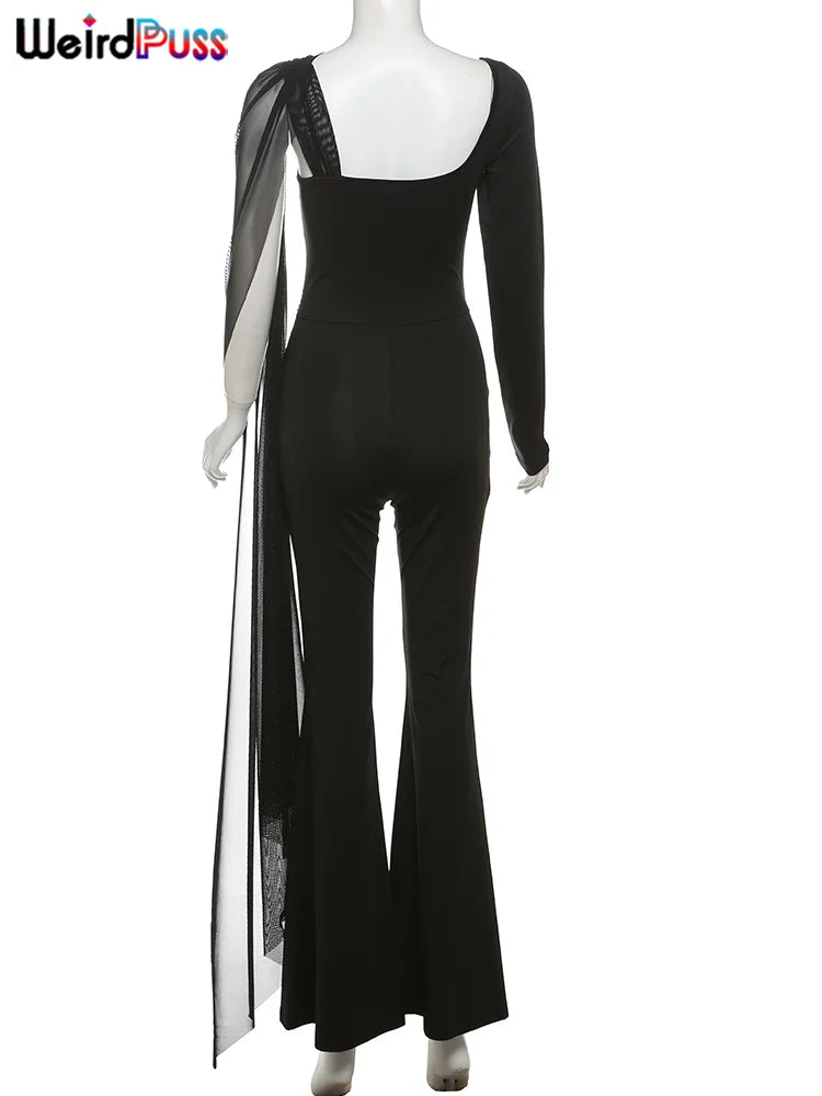 Sexy Hollow Mesh Jumpsuit for Women with Cross Bandage Ribbon, Single Shoulder Design, Full Sleeve Stretch Fit, Midnight Clubwear Overalls