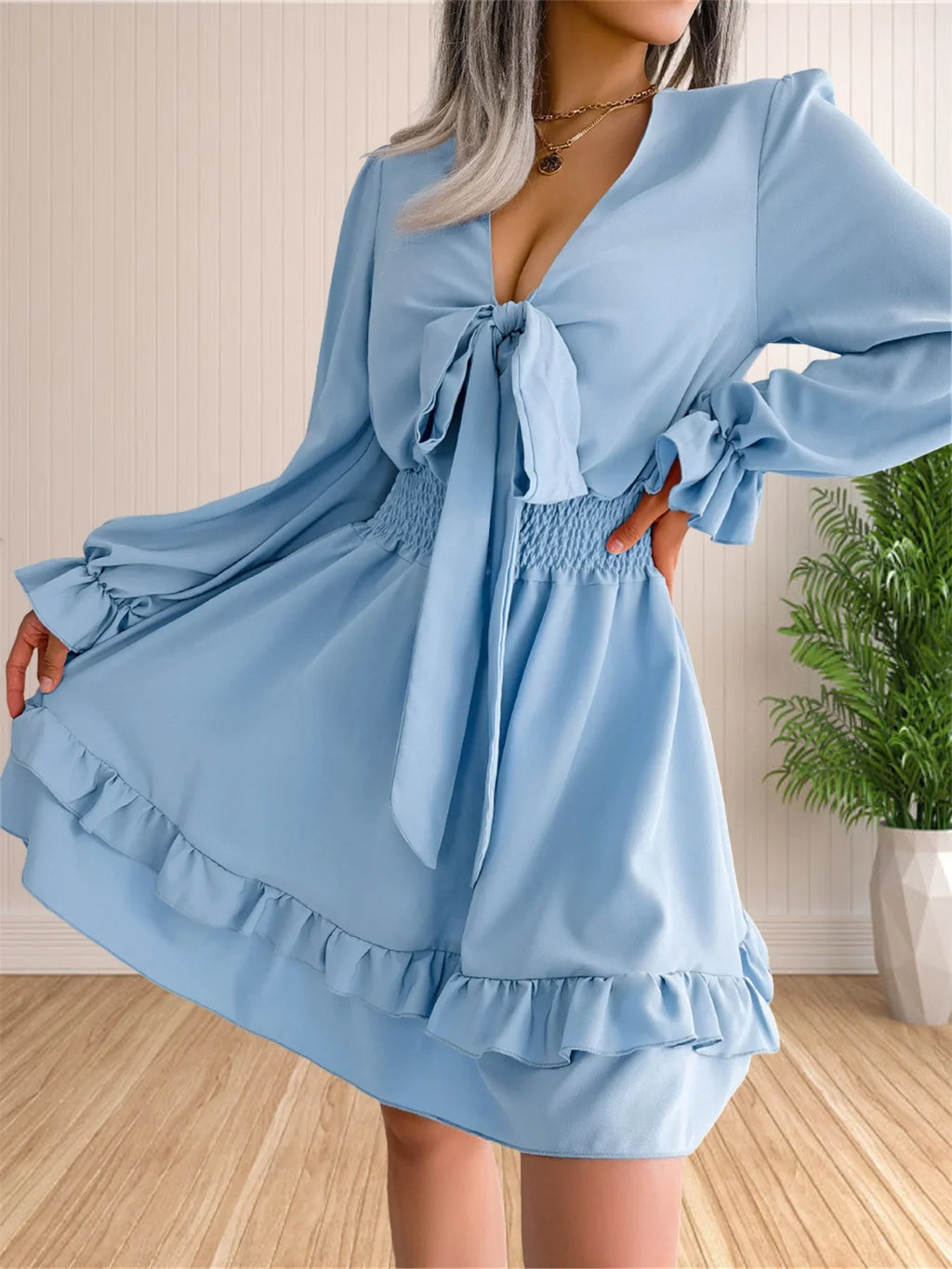 Womens V Neck Knot Front Smocked Waist Tiered Skater Dress