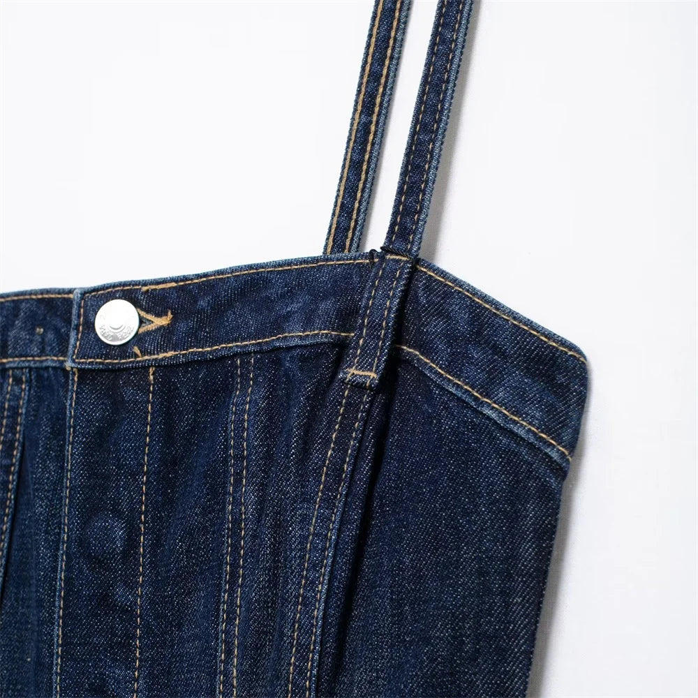 Loose Fitting Waist Belt Cotton Denim Long Jumpsuit for Women Comfortable Autumn and Winter Fashion