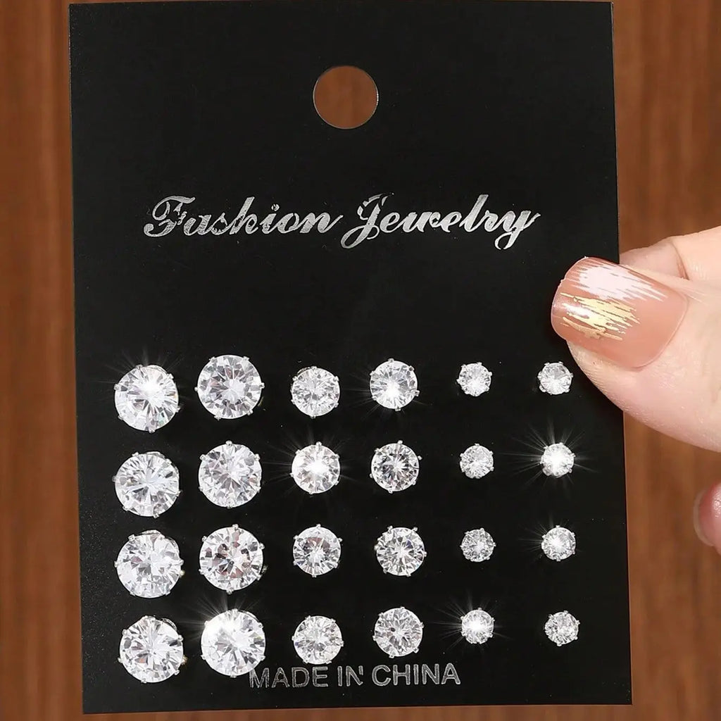 12 Pairs Minimalist Cubic Zirconia Sparkly Earrings for Everyday Wear and Special Occasions