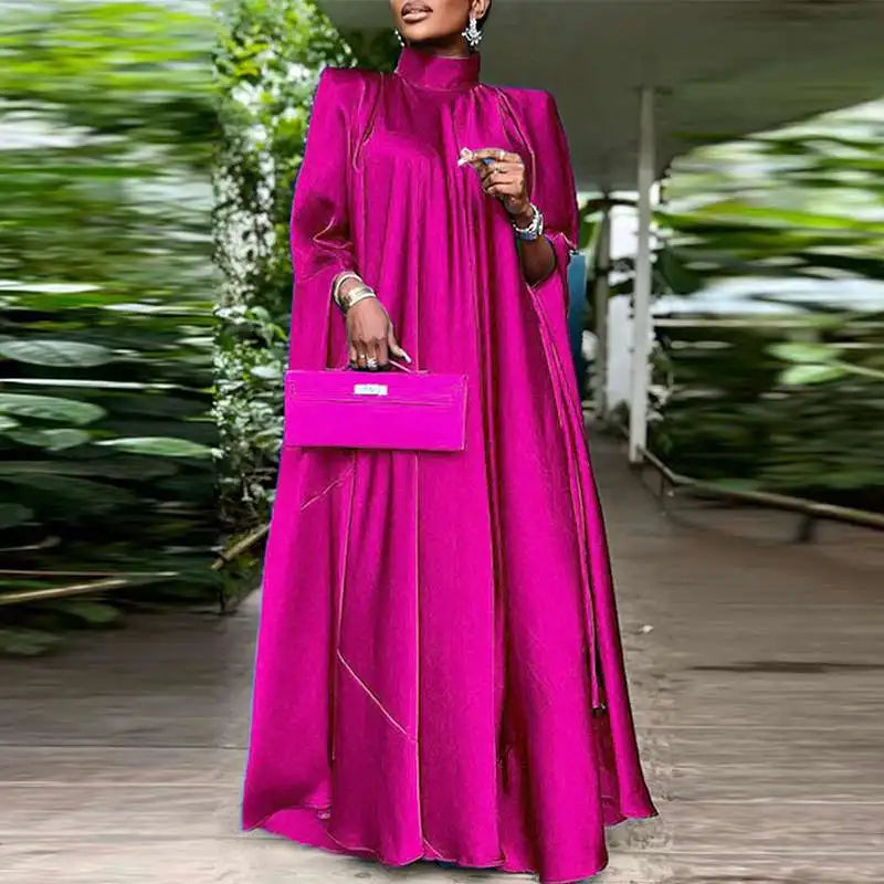 Satin Pleated Evening Dress With Stand Collar Long Sleeve