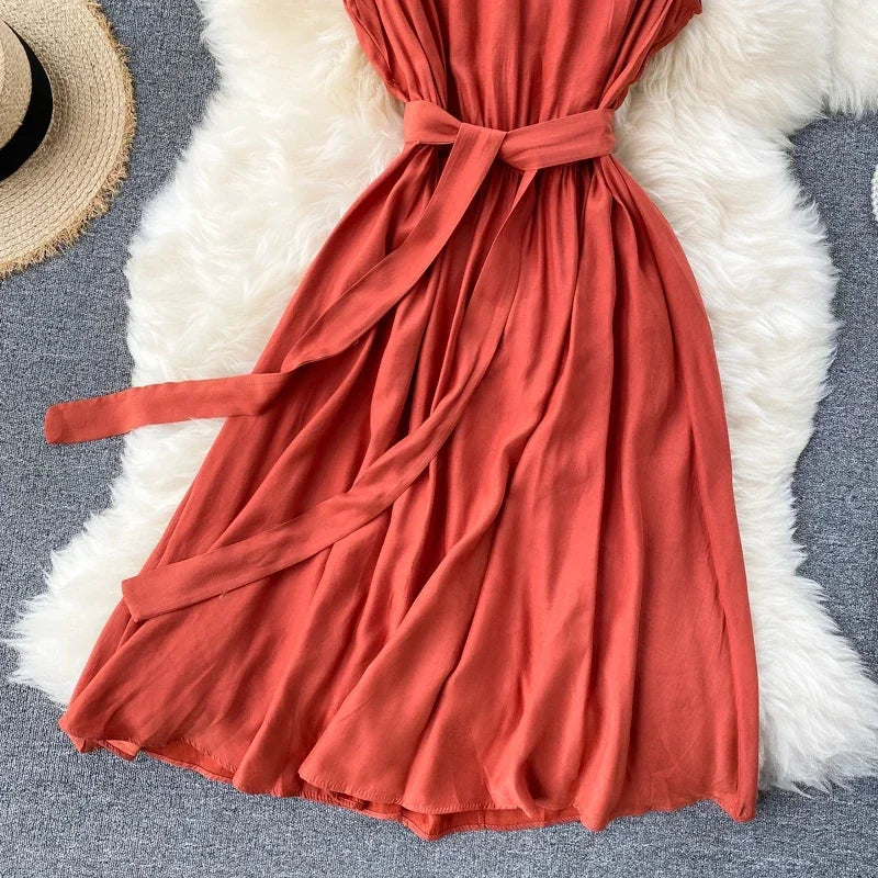 Sleeveless Summer Dress Solid Colors Green Blue Yellow Casual