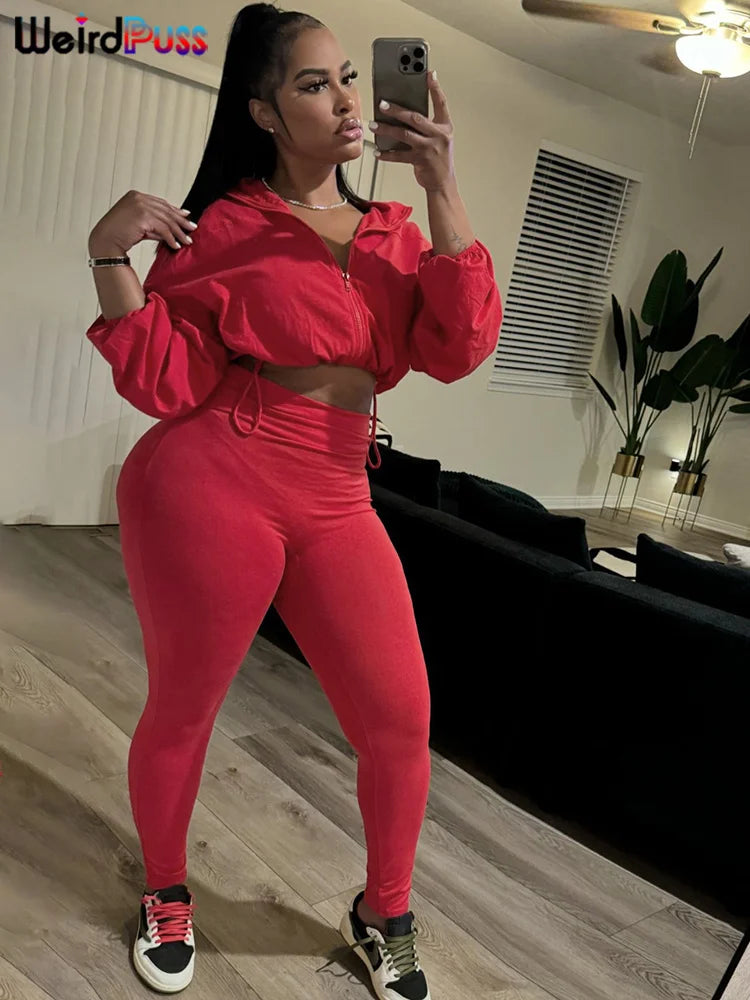 Weird Puss Tracksuit Women 2 Piece Set Casual Zip Thin Drawstring Crop Jacket and Leggings Matching Sporty Suit