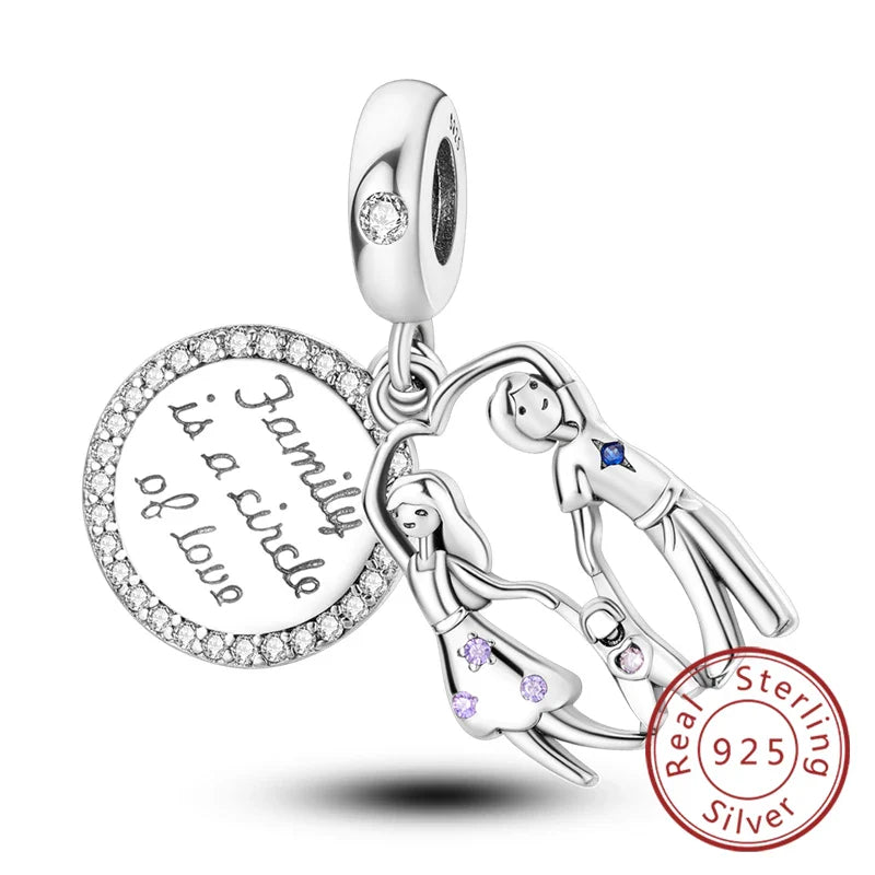 925 Sterling Silver Love Heart Family Charm Bead Pendant for Women's Bracelet Jewelry Gift