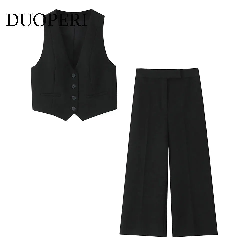Women Casual Two Piece Set Black V-Neck Tank Top and Wide Leg Pants Stylish Chic Outfit