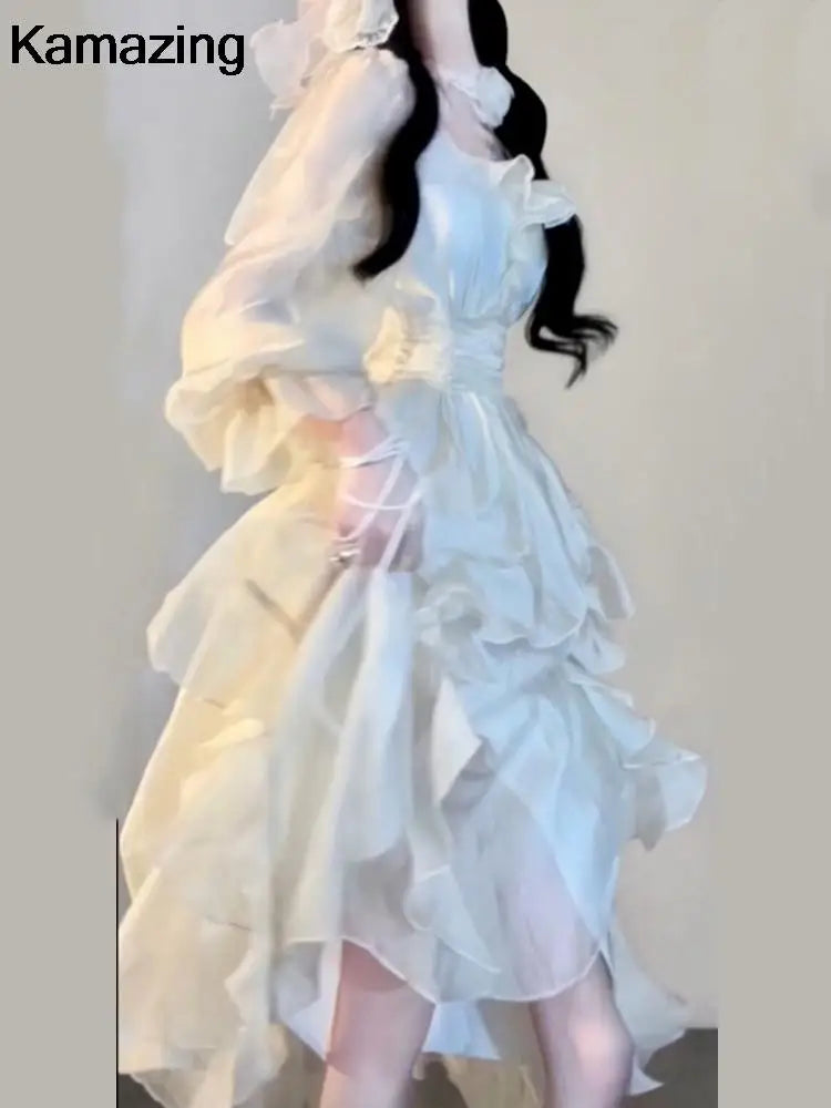 Korean Fashion Ruffles Midi Dress A Line Waist Party Dress