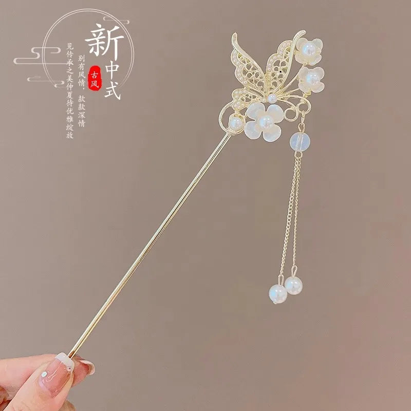 Elegant Enameled Flower Tassel Hair Clip Alloy Hairpin for Women Stylish Chinese Hair Accessory